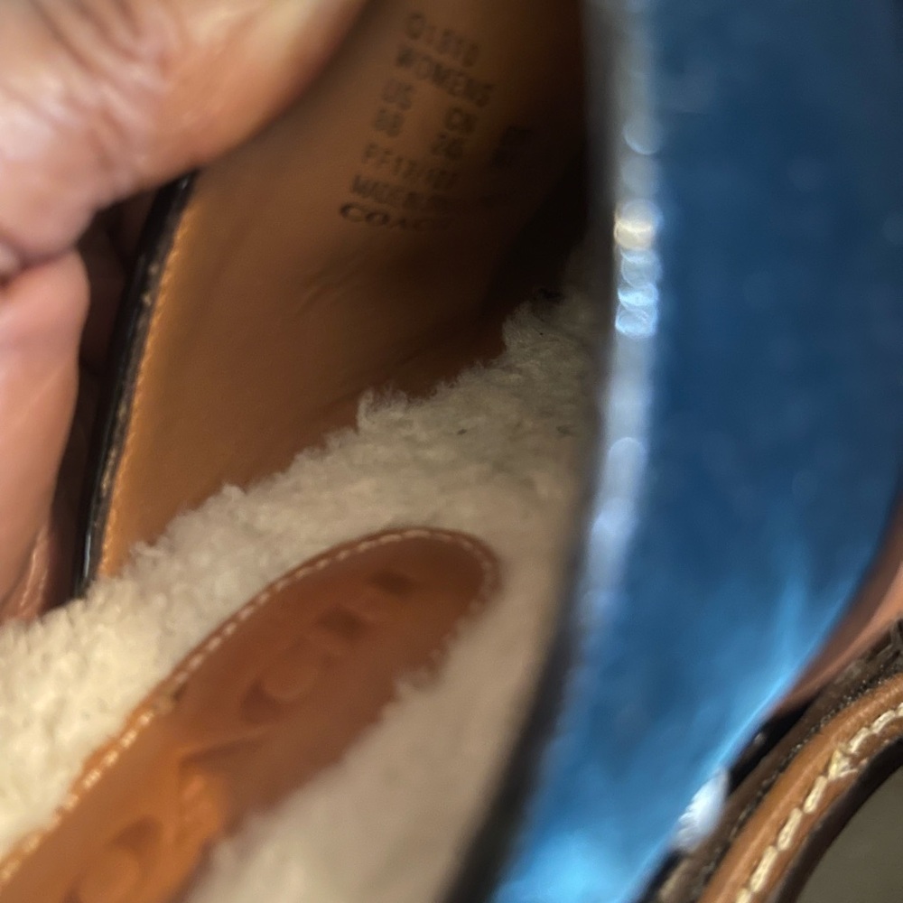 Coach Navy Velvet and Chestnut Leather Shearling Clog Mules with Crystal Buckle - Picture 8 of 11